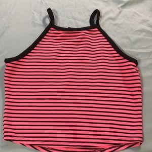 Pink and black halter crop top.